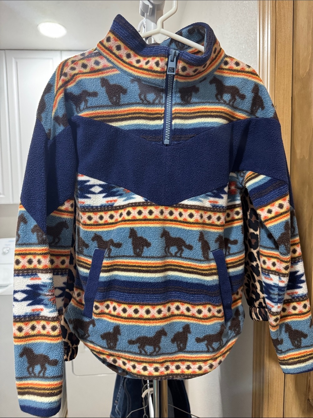 Cruel Girl Navy and Light Blue Western Horse Fleece Pullover